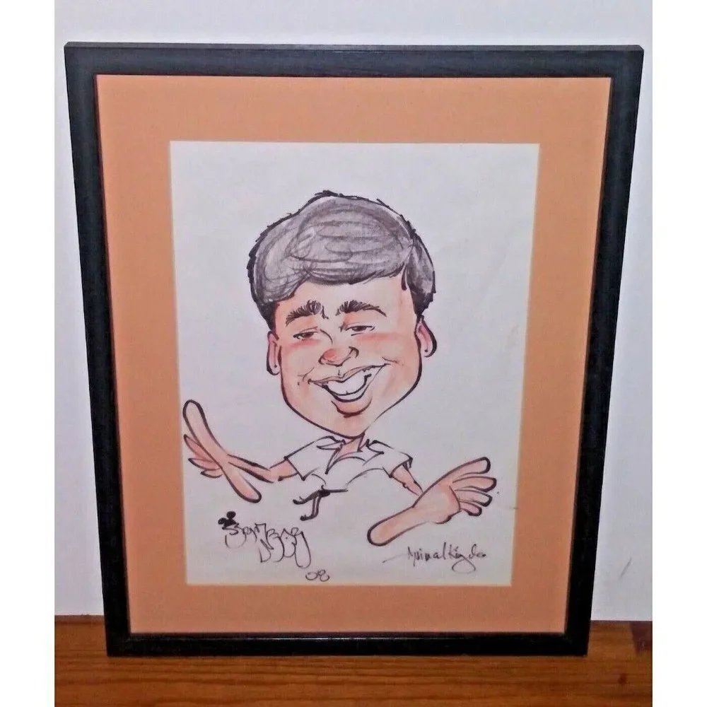 Vintage Sketch Drawing on Paper ?Man in office Mid Century FRAMED wood 19